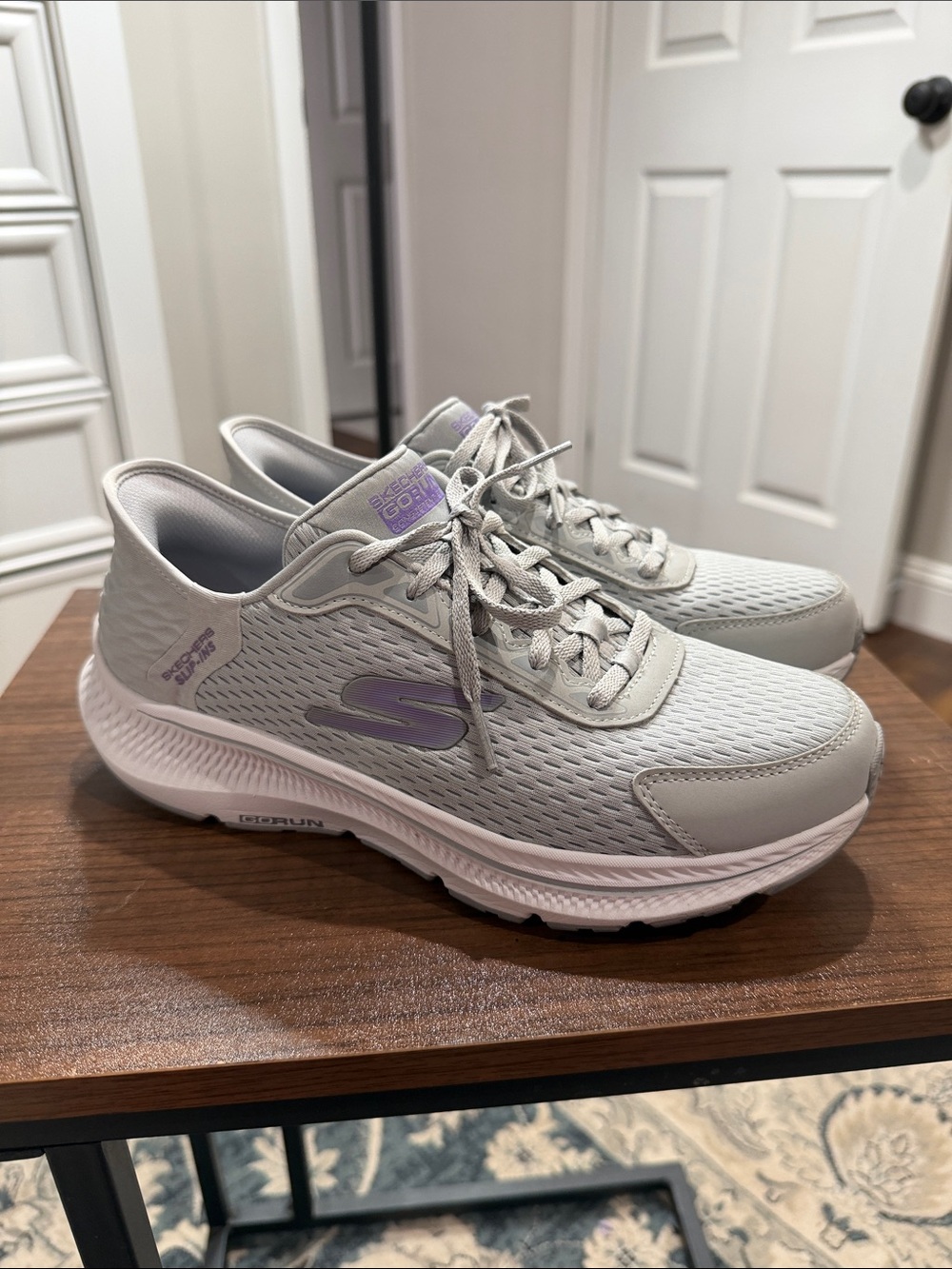Skechers Light Gray Athletic Sneakers with Lavender Accents